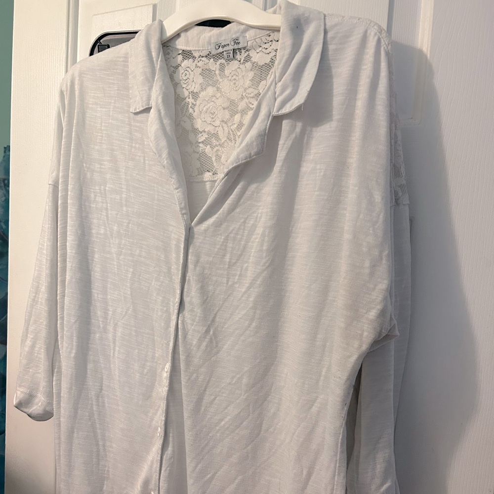 Button front soft white top with lace yolk back